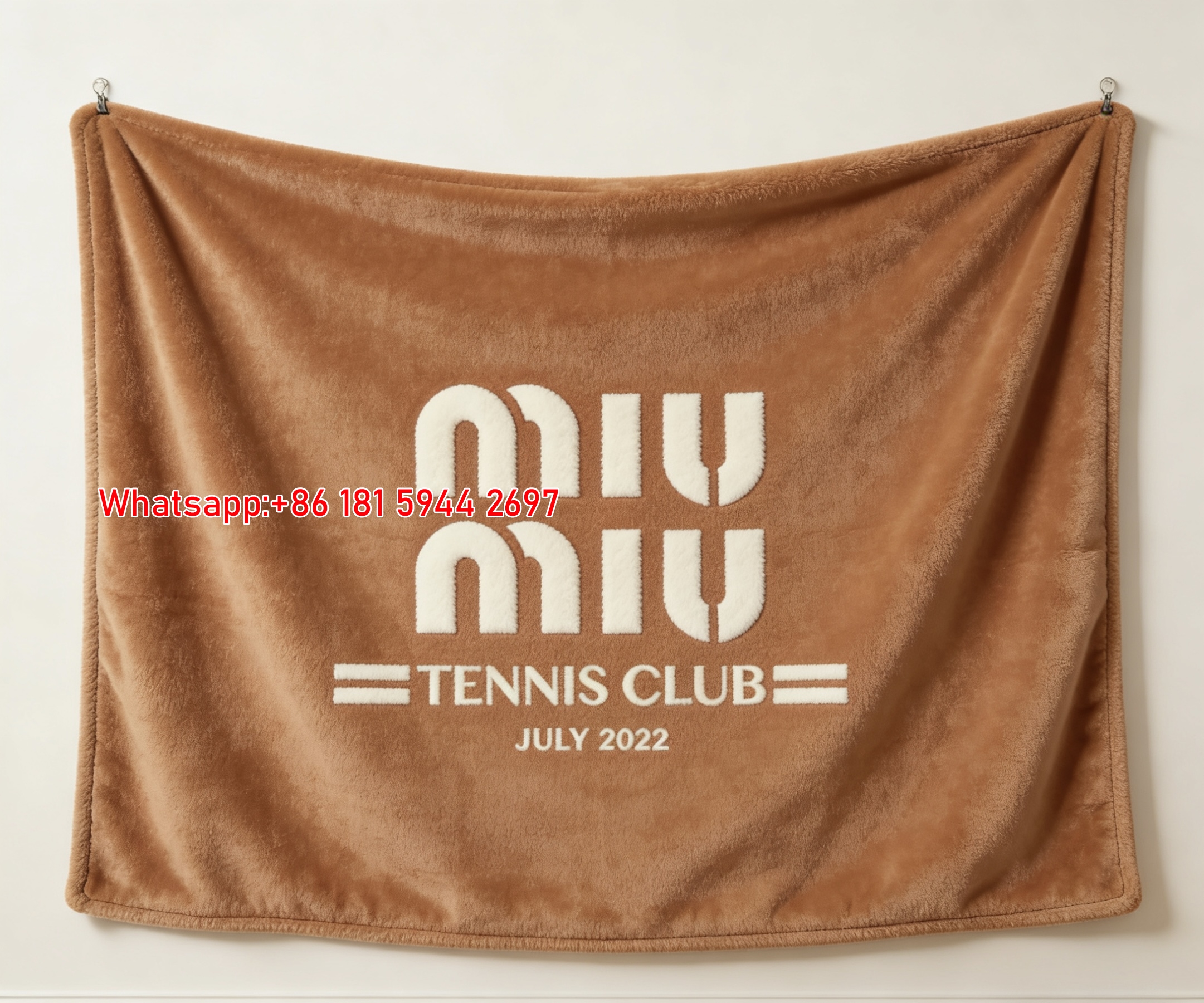 Miu Miu Tennis Club July 2022 Terracotta Brown Flannel Throw Blanket Miu Miu Logo Printed Sofa Blanket IMG_0359